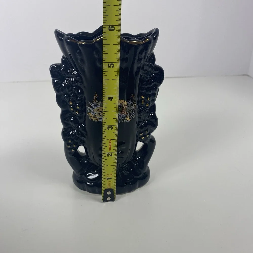 Japanese Style Black Boat Vase And Two Medium with Peacock Floral Scene 3 Pieces